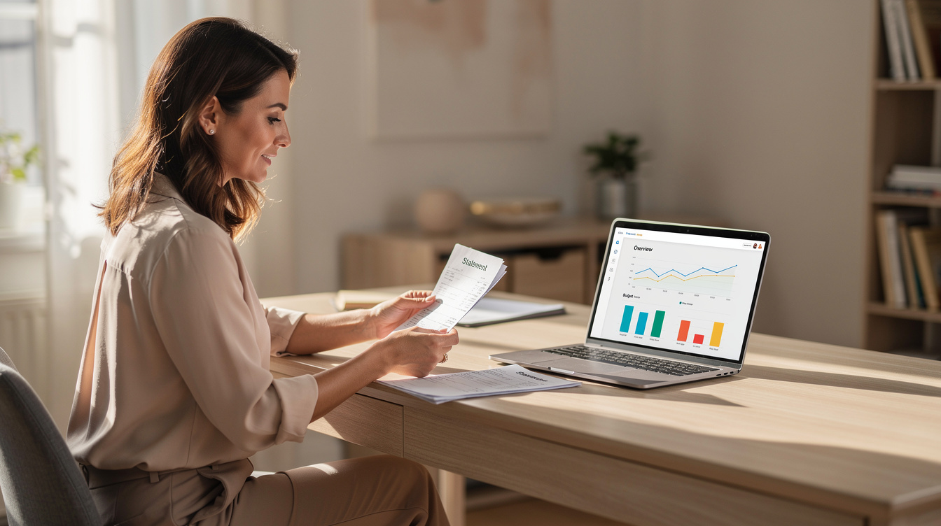 Person reviewing personal finance documents and laptop at a desk