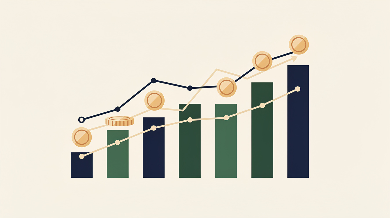 Abstract illustration of rising bar charts and coins representing financial services